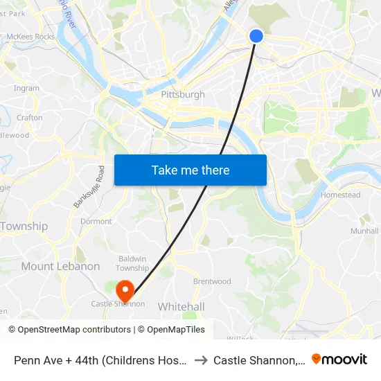 Penn Ave + 44th (Childrens Hospital) to Castle Shannon,  PA map