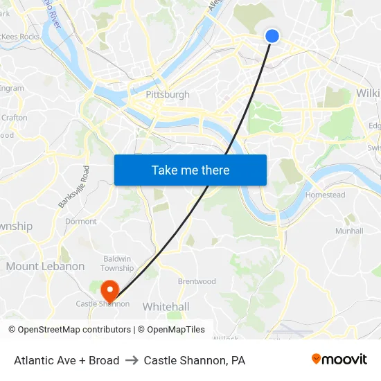Atlantic Ave + Broad to Castle Shannon,  PA map