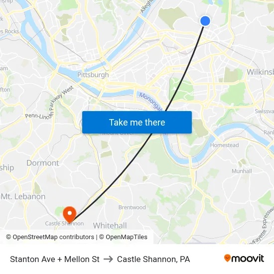 Stanton Ave + Mellon St to Castle Shannon,  PA map