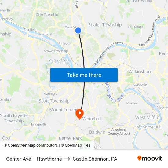 Center Ave + Hawthorne to Castle Shannon,  PA map