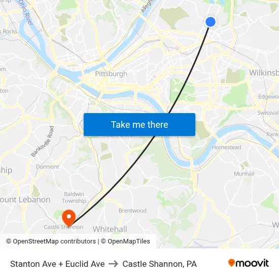 Stanton Ave + Euclid Ave to Castle Shannon,  PA map
