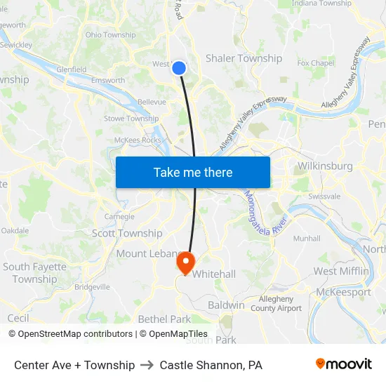 Center Ave + Township to Castle Shannon,  PA map