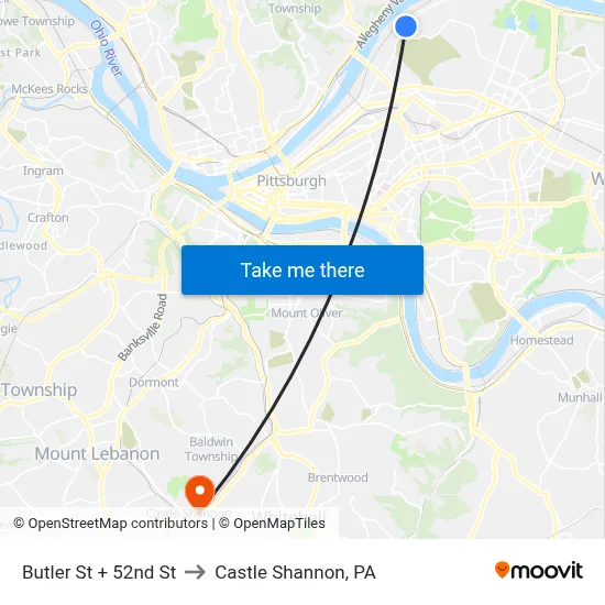 Butler St + 52nd St to Castle Shannon,  PA map