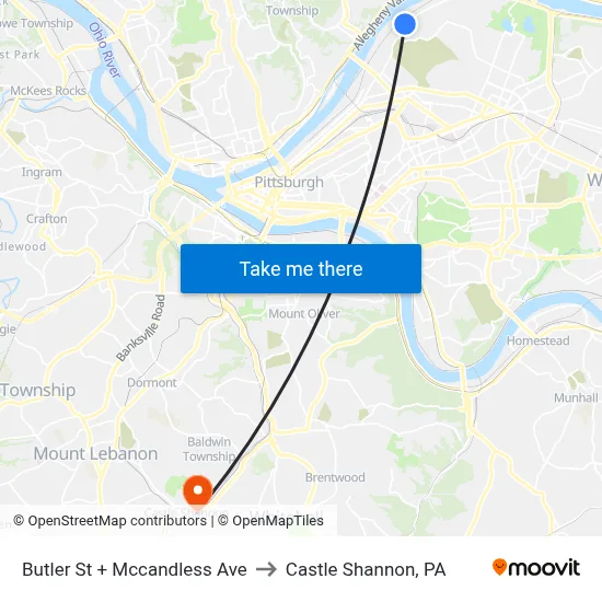 Butler St + Mccandless Ave to Castle Shannon,  PA map