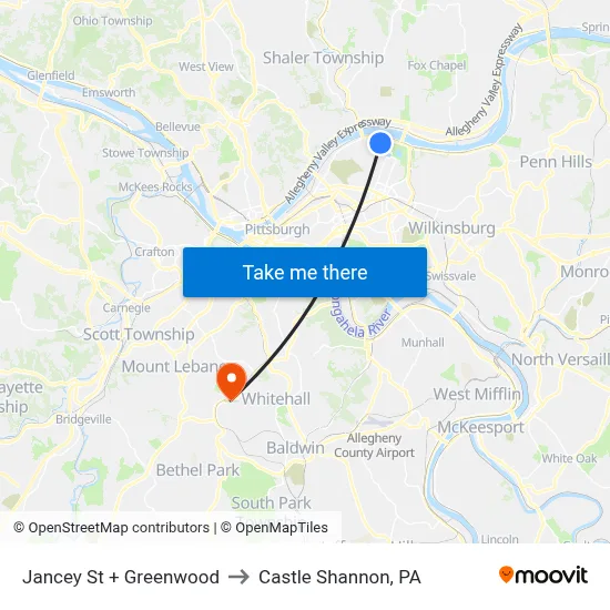 Jancey St + Greenwood to Castle Shannon,  PA map