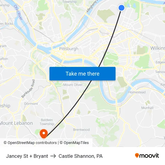 Jancey St + Bryant to Castle Shannon,  PA map