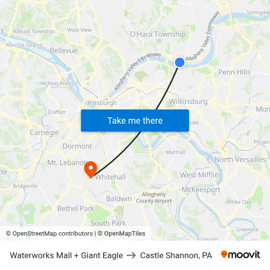 Waterworks Mall + Giant Eagle to Castle Shannon,  PA map