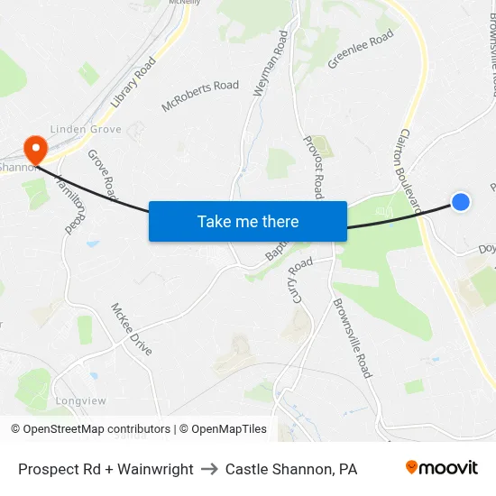Prospect Rd + Wainwright to Castle Shannon,  PA map