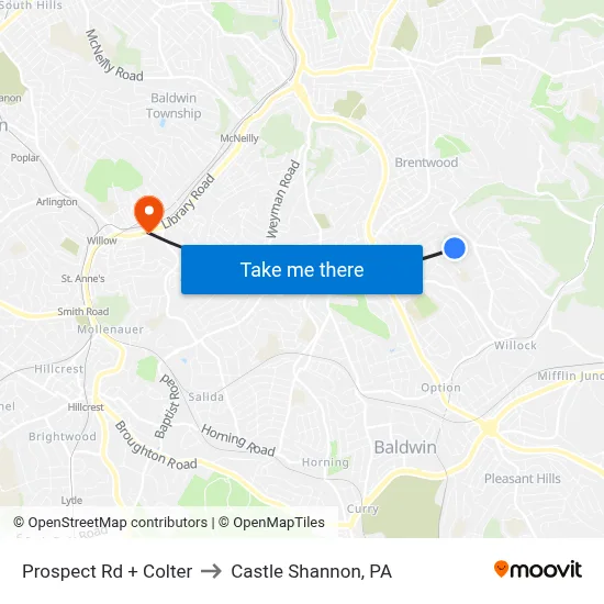 Prospect Rd + Colter to Castle Shannon,  PA map