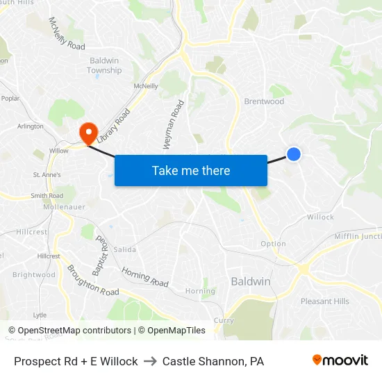 Prospect Rd + E Willock to Castle Shannon,  PA map