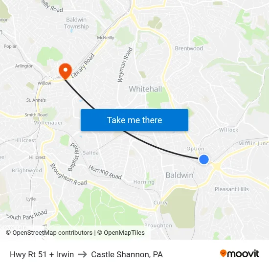 Hwy Rt 51 + Irwin to Castle Shannon,  PA map