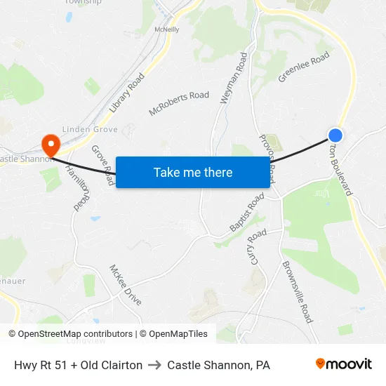 Hwy Rt 51 + Old Clairton to Castle Shannon,  PA map
