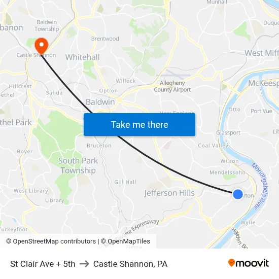 St Clair Ave + 5th to Castle Shannon,  PA map