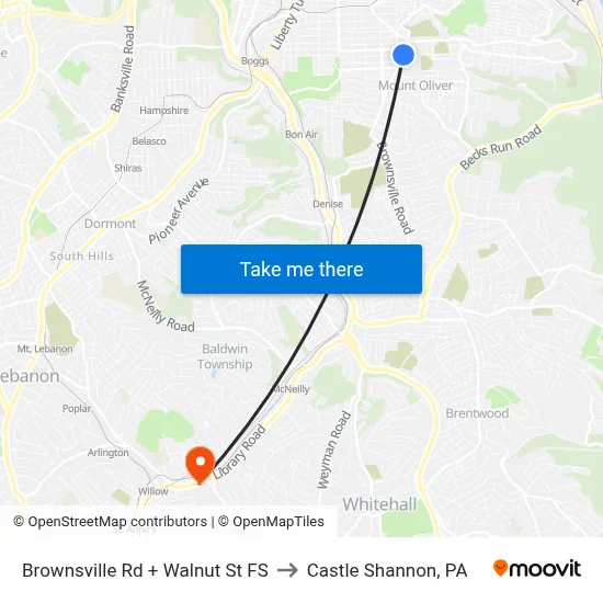 Brownsville Rd + Walnut St FS to Castle Shannon,  PA map