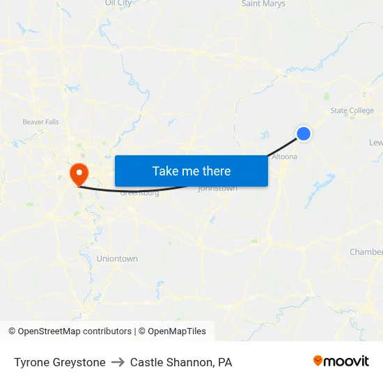 Tyrone Greystone to Castle Shannon,  PA map