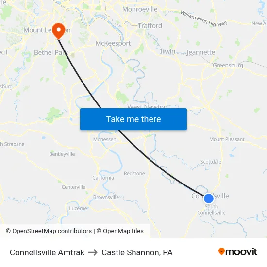 Connellsville Amtrak to Castle Shannon,  PA map