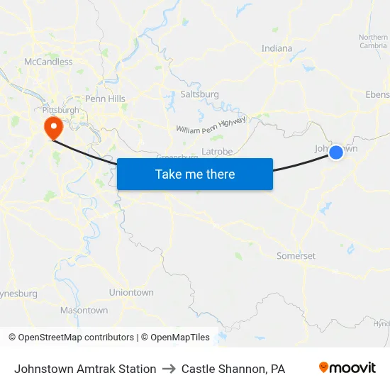 Johnstown Amtrak Station to Castle Shannon,  PA map
