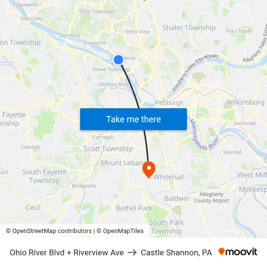 Ohio River Blvd + Riverview Ave to Castle Shannon,  PA map