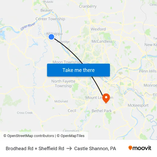 Brodhead Rd + Sheffield Rd to Castle Shannon,  PA map