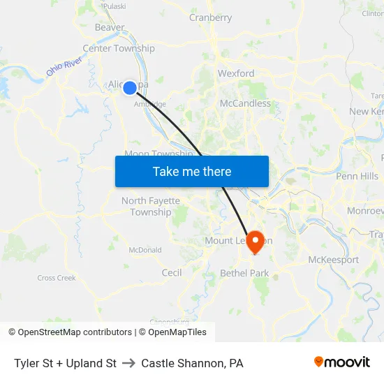 Tyler St + Upland St to Castle Shannon,  PA map