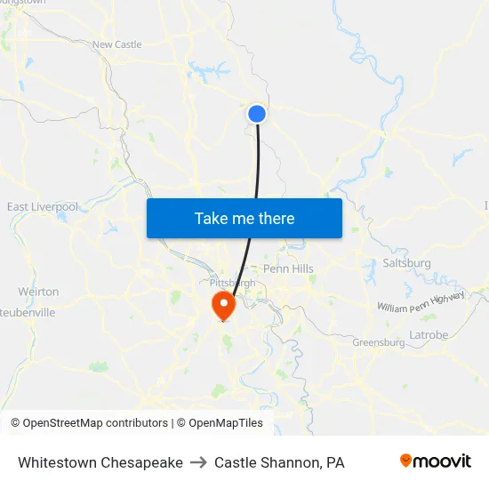 Whitestown Chesapeake to Castle Shannon,  PA map