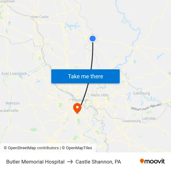 Butler Memorial Hospital to Castle Shannon,  PA map