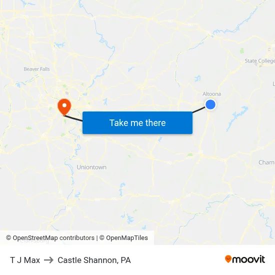 T J Max to Castle Shannon,  PA map