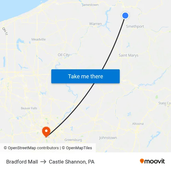 Bradford Mall to Castle Shannon,  PA map