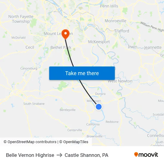 Belle Vernon Highrise to Castle Shannon,  PA map