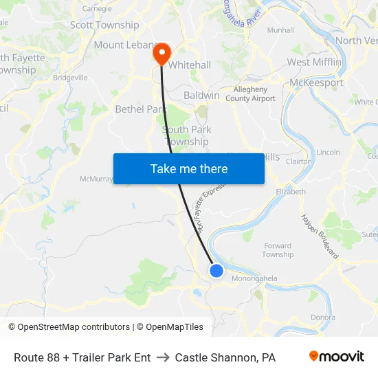 Route 88 + Trailer Park Ent to Castle Shannon,  PA map
