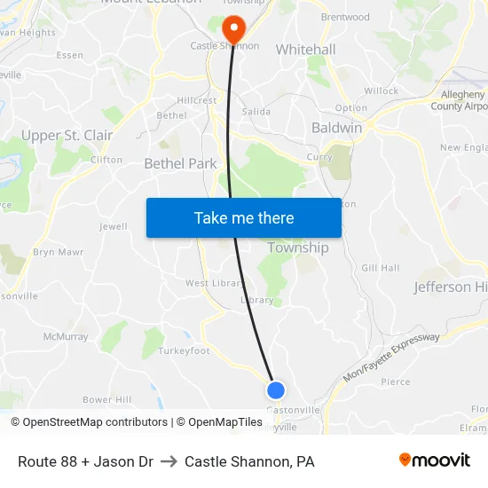 Route 88 + Jason Dr to Castle Shannon,  PA map