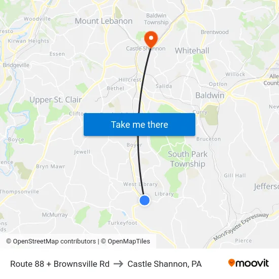 Route 88 + Brownsville Rd to Castle Shannon,  PA map