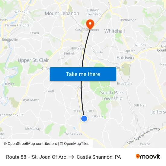 Route 88 + St. Joan Of Arc to Castle Shannon,  PA map