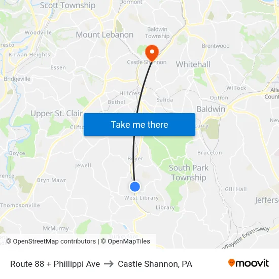 Route 88 + Phillippi Ave to Castle Shannon,  PA map