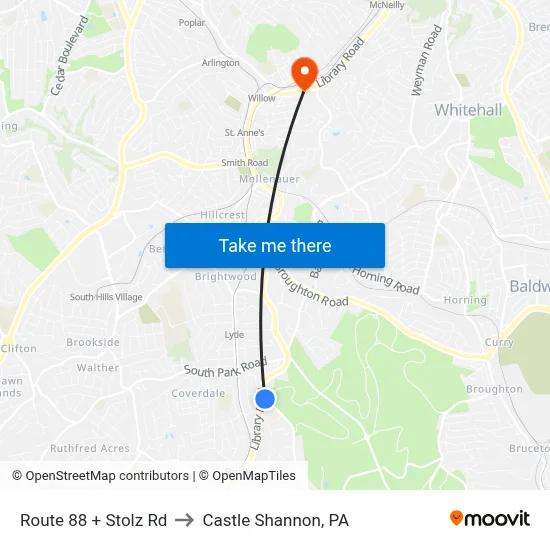 Route 88 + Stolz Rd to Castle Shannon,  PA map