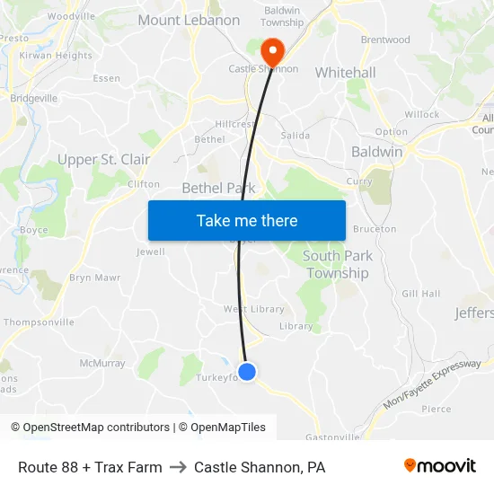 Route 88 + Trax Farm to Castle Shannon,  PA map
