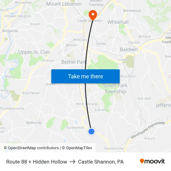 Route 88 + Hidden Hollow to Castle Shannon,  PA map