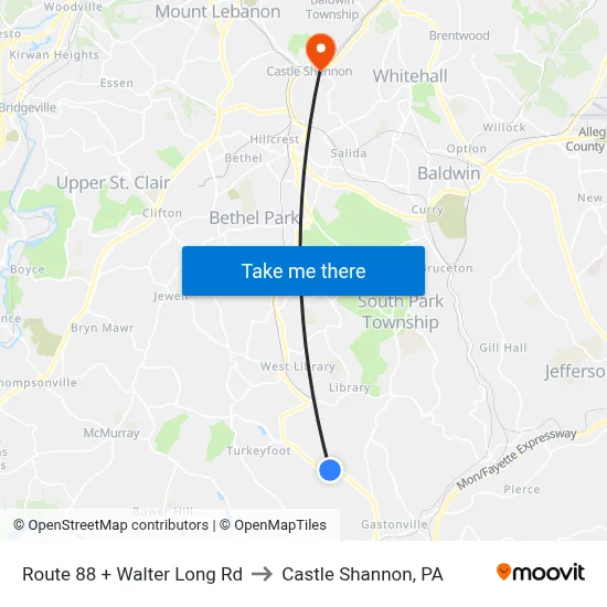 Route 88 + Walter Long Rd to Castle Shannon,  PA map