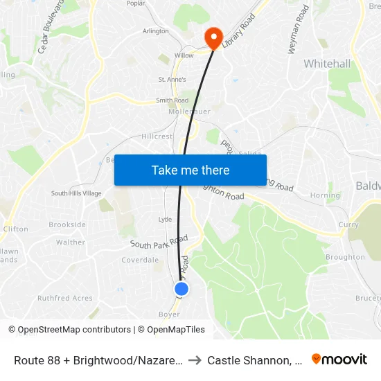 Route 88 + Brightwood/Nazarene to Castle Shannon,  PA map