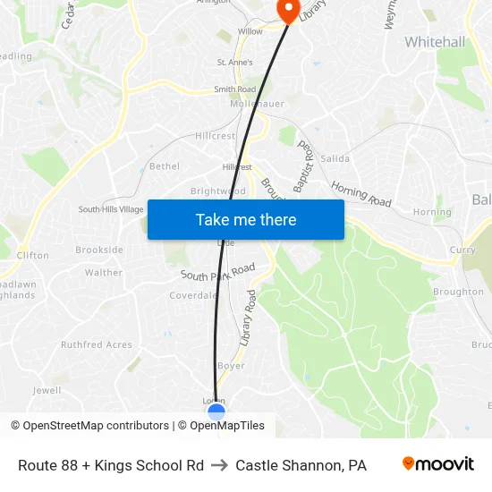 Route 88 + Kings School Rd to Castle Shannon,  PA map