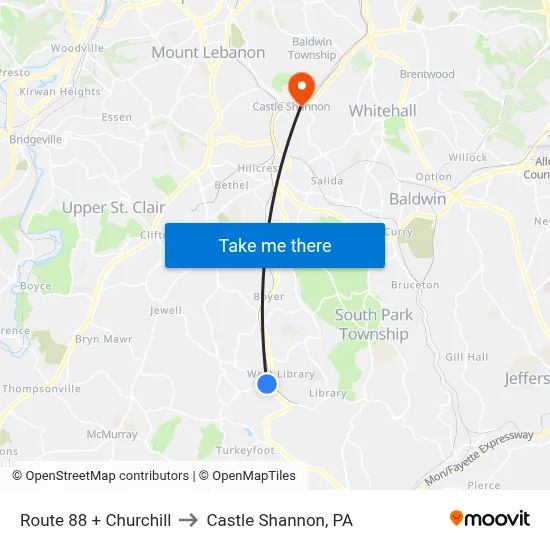 Route 88 + Churchill to Castle Shannon,  PA map