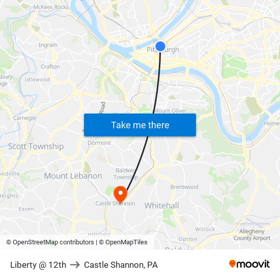 Liberty @ 12th to Castle Shannon,  PA map