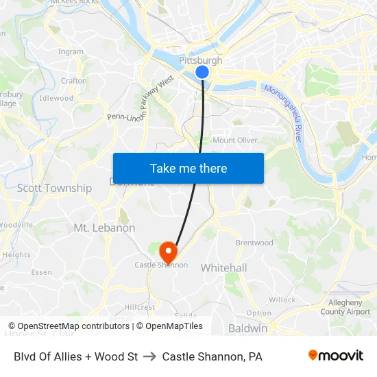 Blvd Of Allies + Wood St to Castle Shannon,  PA map