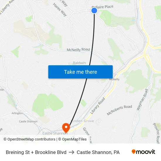 Breining St + Brookline Blvd to Castle Shannon,  PA map