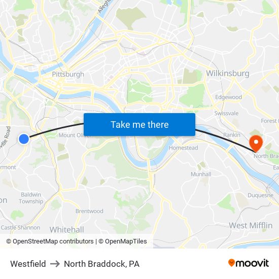 Westfield to North Braddock, PA map