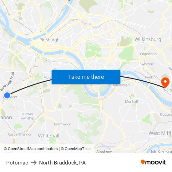 Potomac to North Braddock, PA map