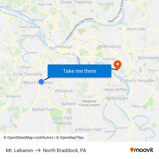 Mt. Lebanon to North Braddock, PA map