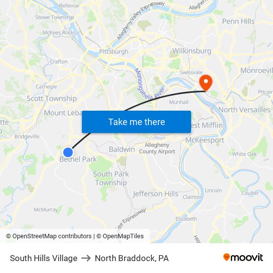 South Hills Village to North Braddock, PA map