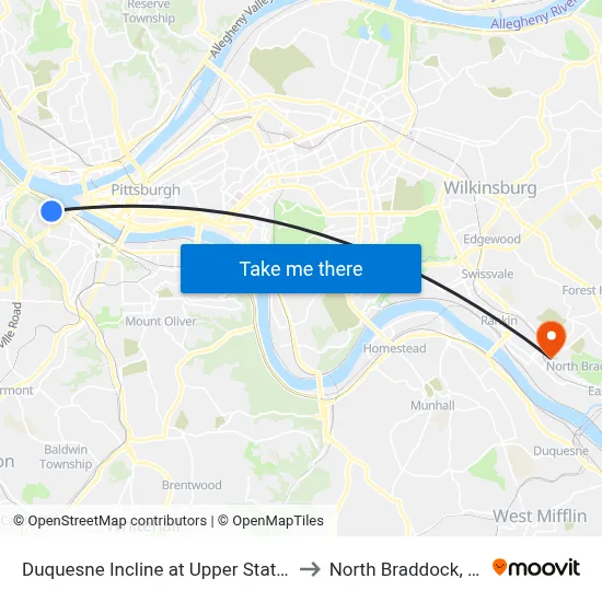 Duquesne Incline at Upper Station to North Braddock, PA map