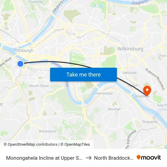 Monongahela Incline at Upper Station to North Braddock, PA map